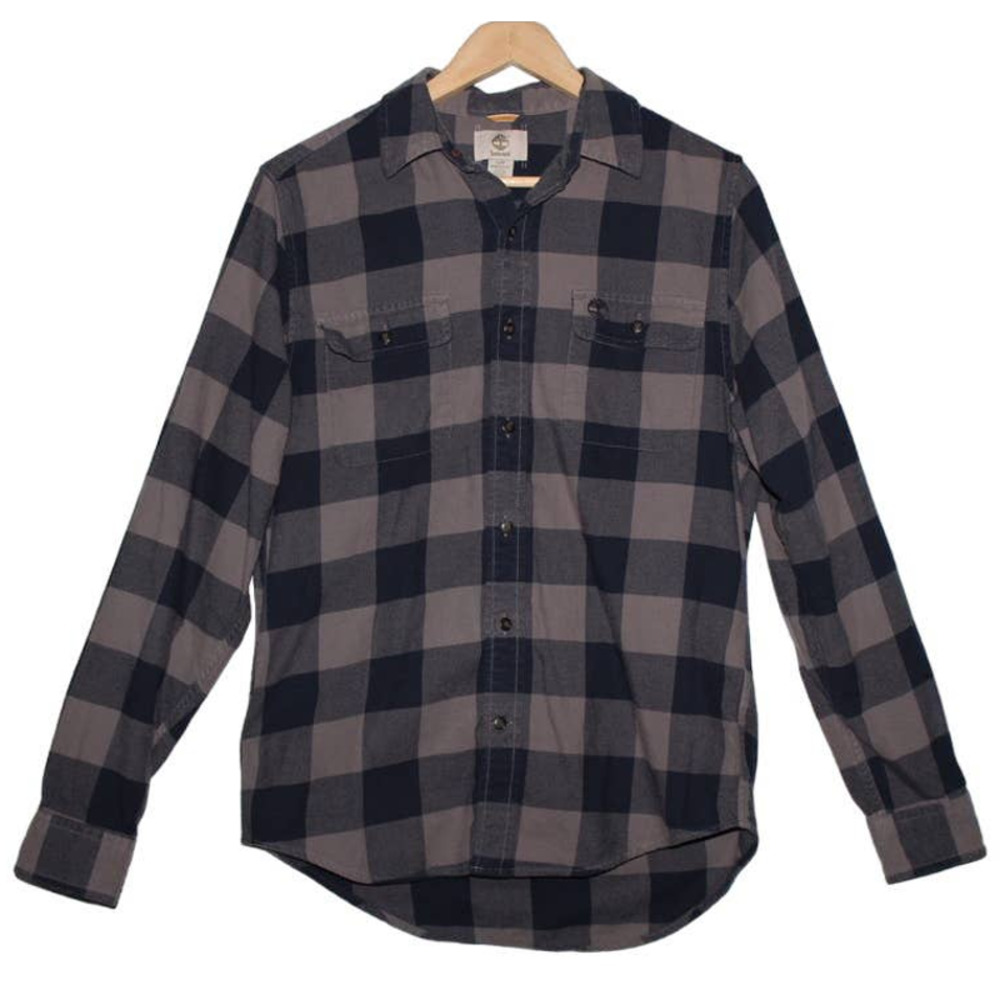 Men's Timberland Tan Black Plaid Cotton Long Sleeve Button Down Shirt Size Small